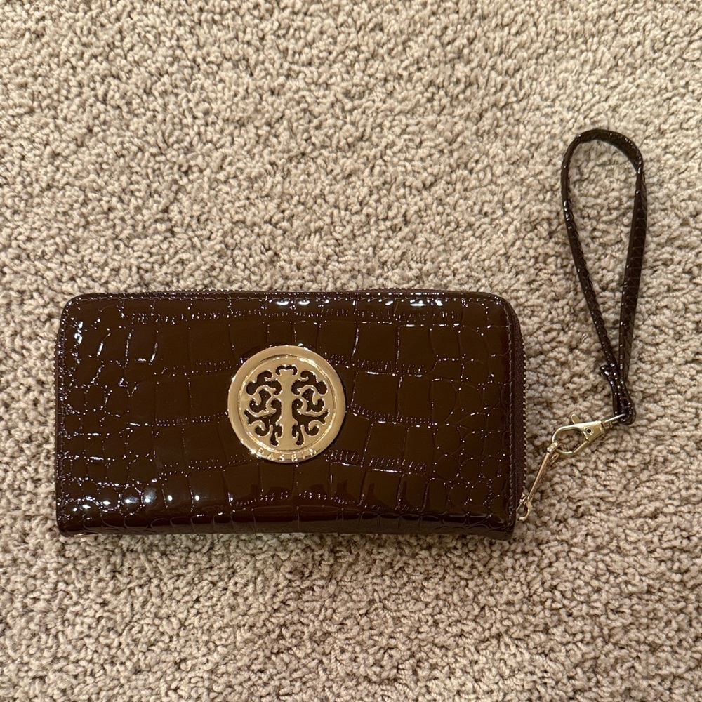 Dasein Zip Around Gold Emblem Wallet in Coffee Brown with Removable Wristband